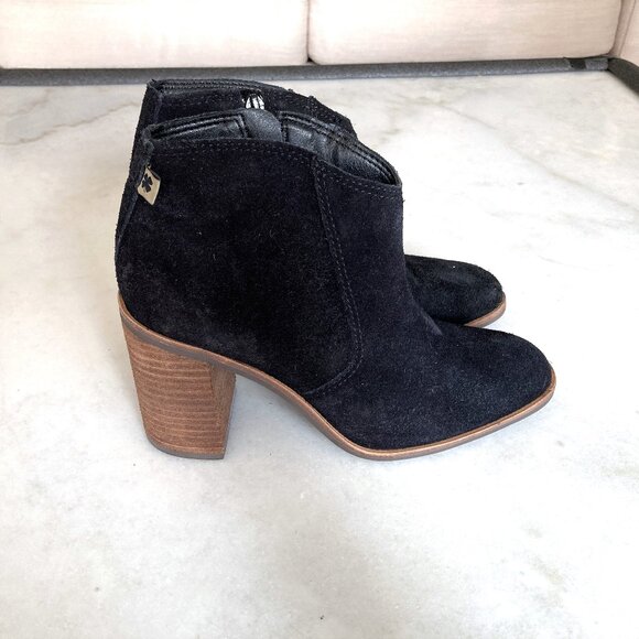 NWOT! New! Lucky Brand Pellyon black suede ankle boot, brown chunky stacked heel - Picture 2 of 9